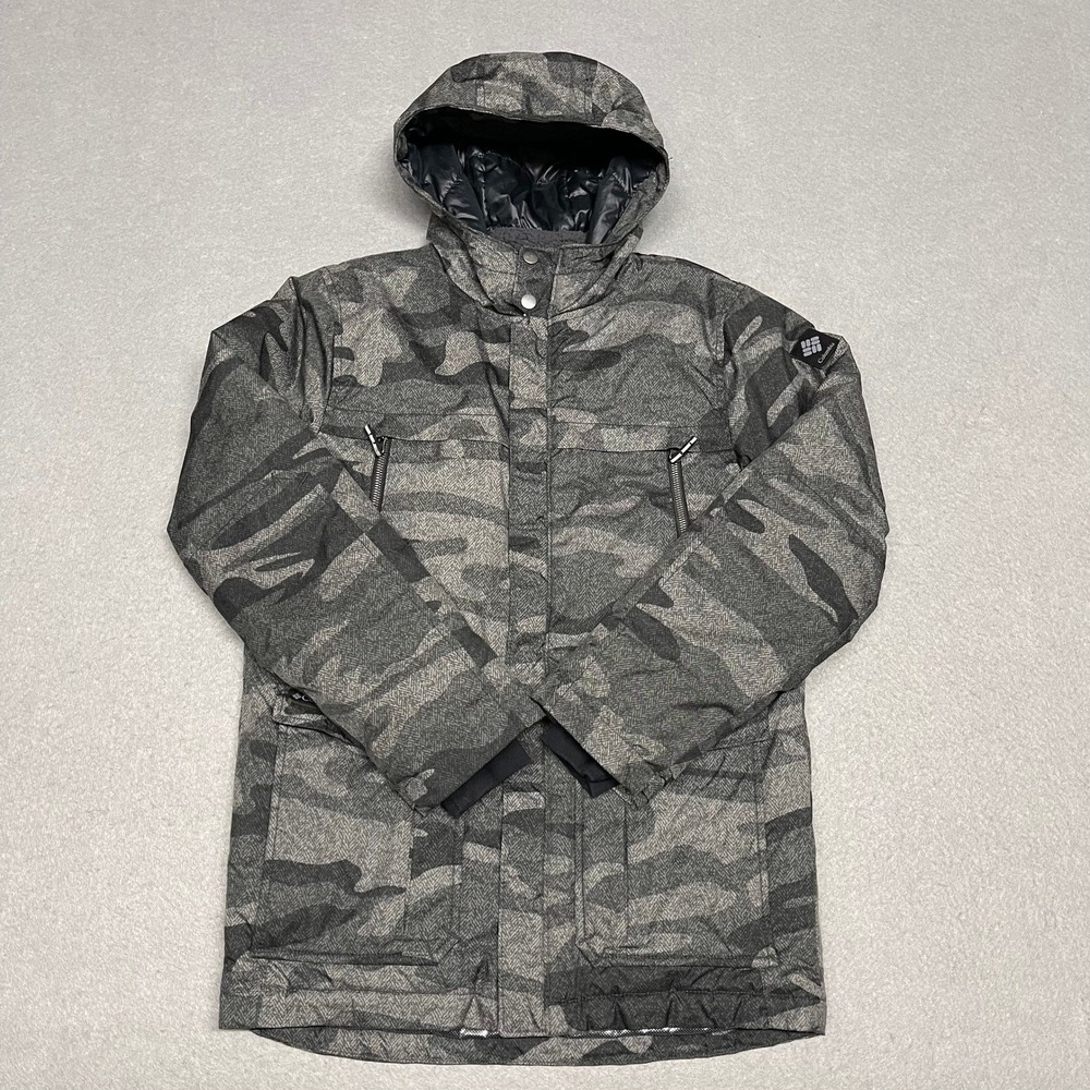 Columbia Jacket Youth Large Grey Camo Parka Barlow Pass 600 Down Fill Omni-Heat